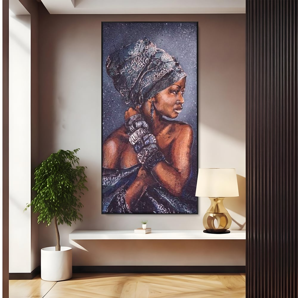 Tablou canvas cu tablou canvas cu portret de femeie africana, in rama de aluminiu negru